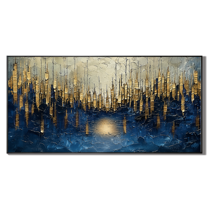 “Golden Metropolis” – Blue and Gold Abstract Cityscape Oil Painting