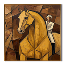 "Golden Equestrian" – Cubist Horse Rider Oil Painting in Warm Brown Tones