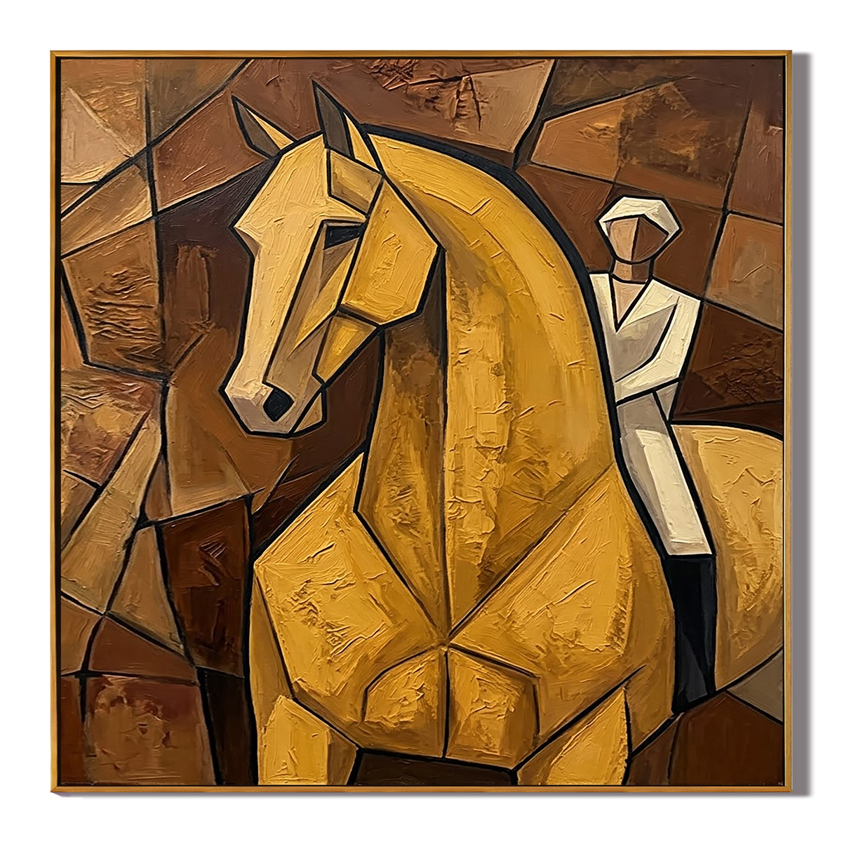 "Golden Equestrian" – Cubist Horse Rider Oil Painting in Warm Brown Tones