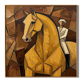 "Golden Equestrian" – Cubist Horse Rider Oil Painting in Warm Brown Tones