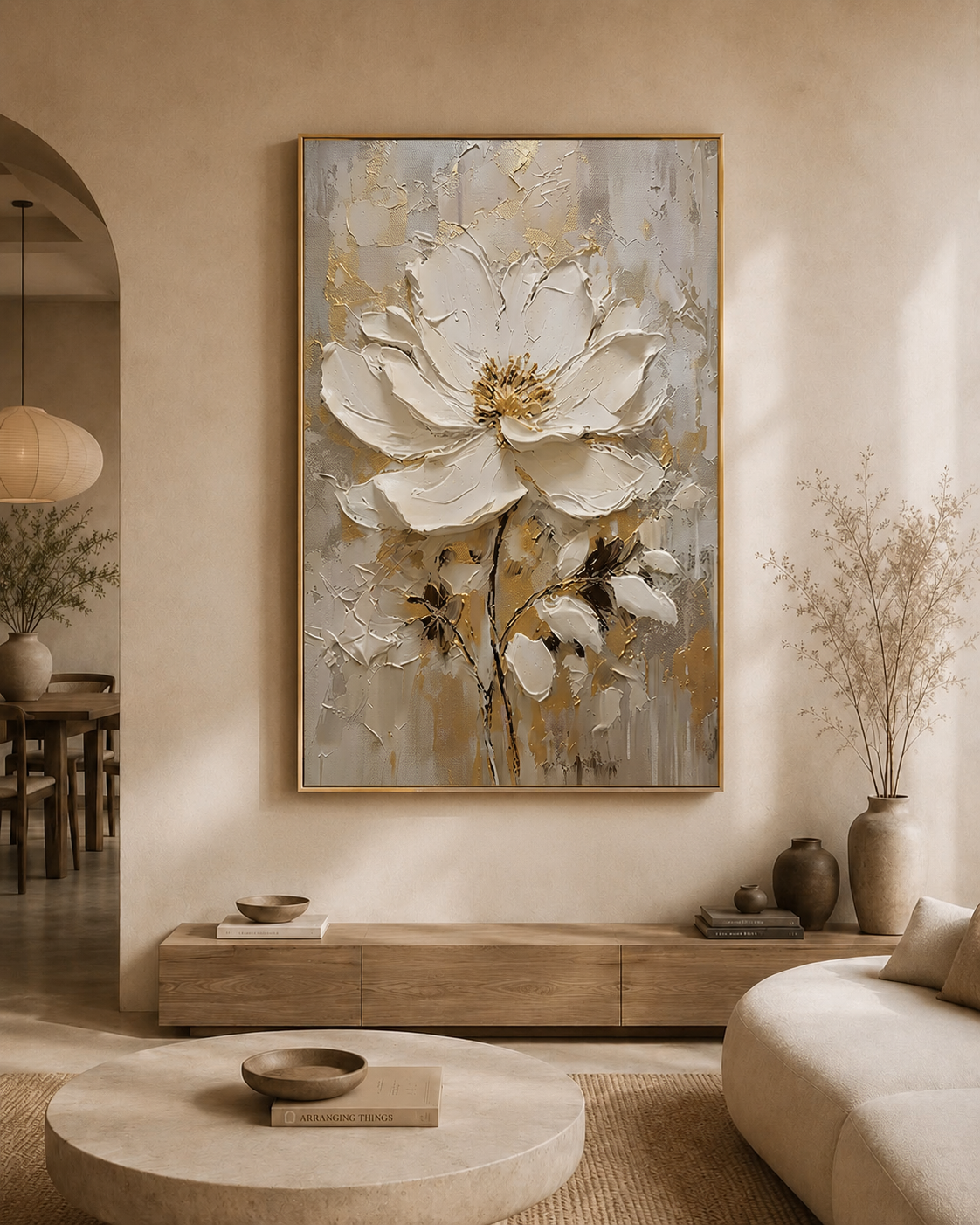 "Luminous Bloom" - Gilded White Magnolia 3D Sculptural Impasto Acrylic Painting with Gold Leaf Accents