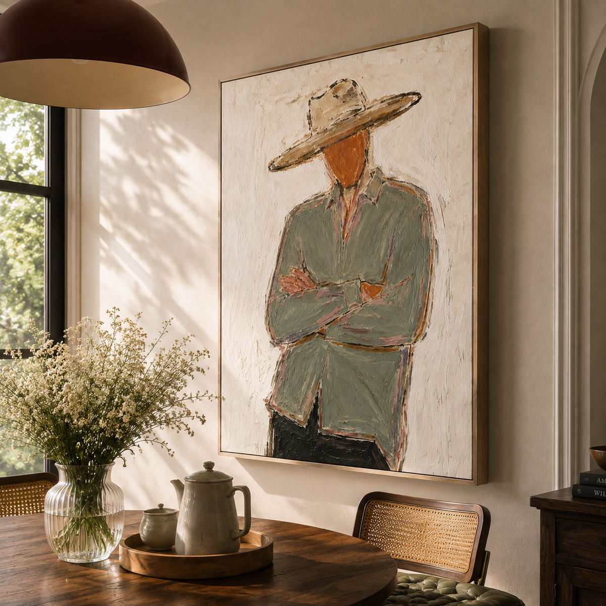 "Silent Stance" – Minimalist Western Figure Sage Green Impasto Oil Painting