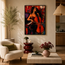 "Melody of the Heart" – Fire & Scarlet Heavy Impasto Cello Player Painting