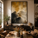 "Golden Summit Echoes" – Wabi-Sabi Warm Gold & Charcoal Abstract Mountain Oil Painting