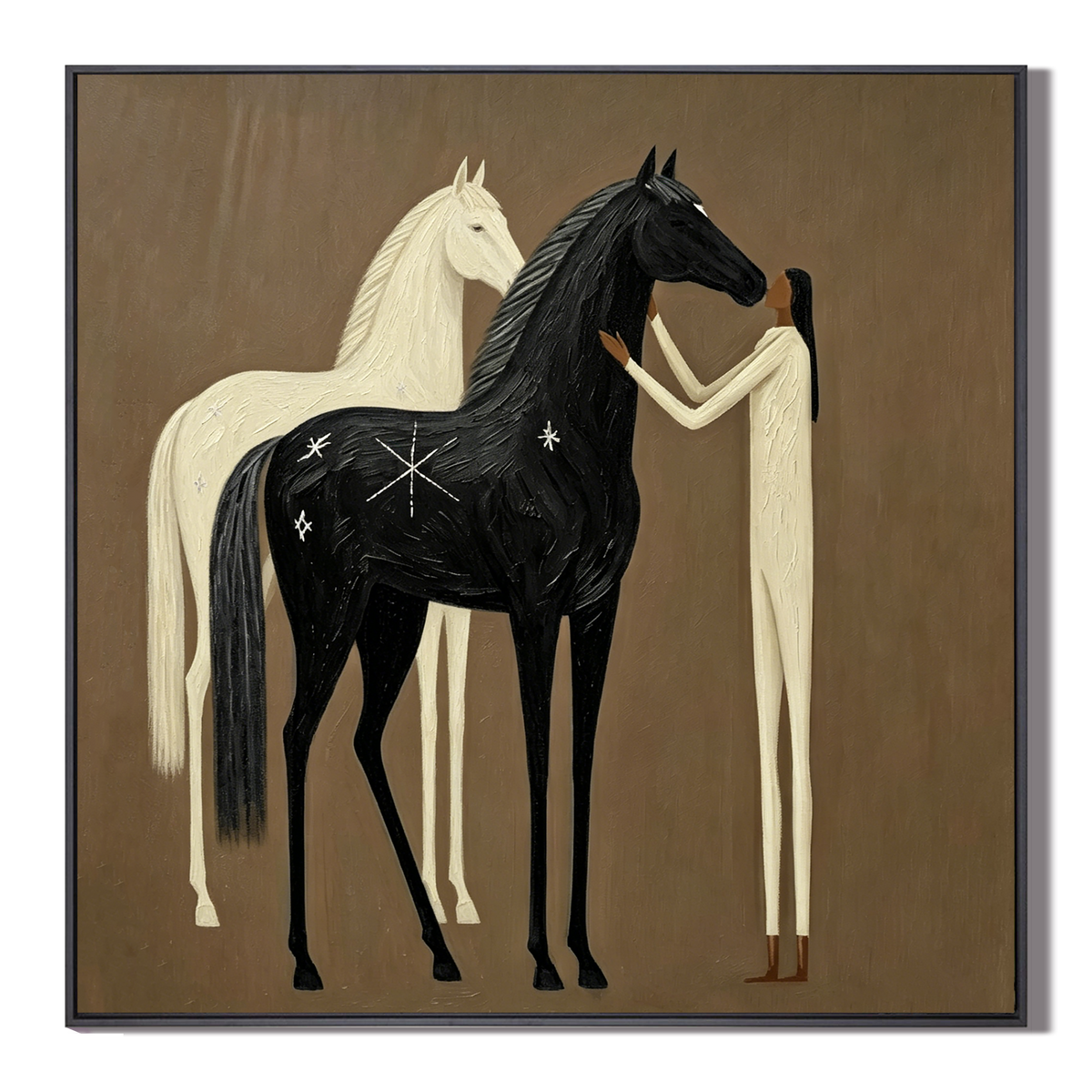 “Moonlit Companions” – Boho Folk Black and White Horse Oil Painting