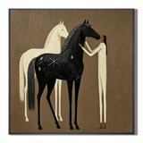 “Moonlit Companions” – Boho Folk Black and White Horse Oil Painting