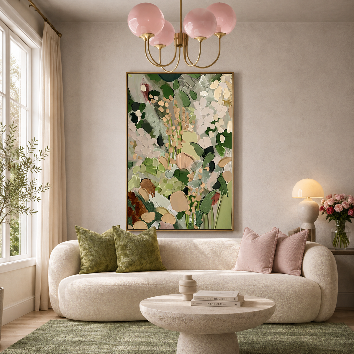 "Morning Reverie" – Textured Sage Green & Blush Botanical Abstract Oil Painting