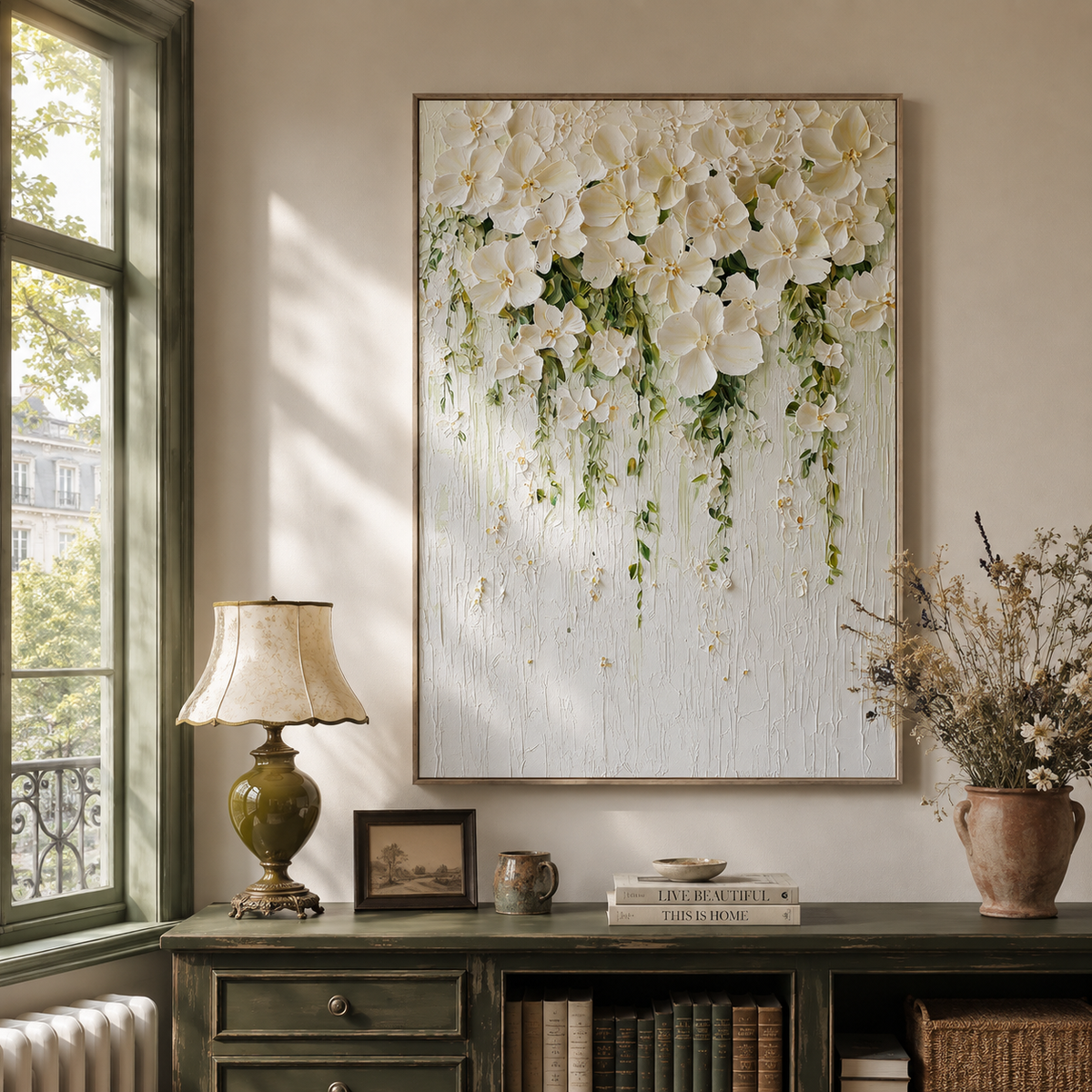 "Romantic Waterfall – Textured Impasto White Floral Modern Acrylic Painting
