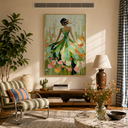 "Floral Waltz" – Green Impressionist Palette Knife Figure Painting