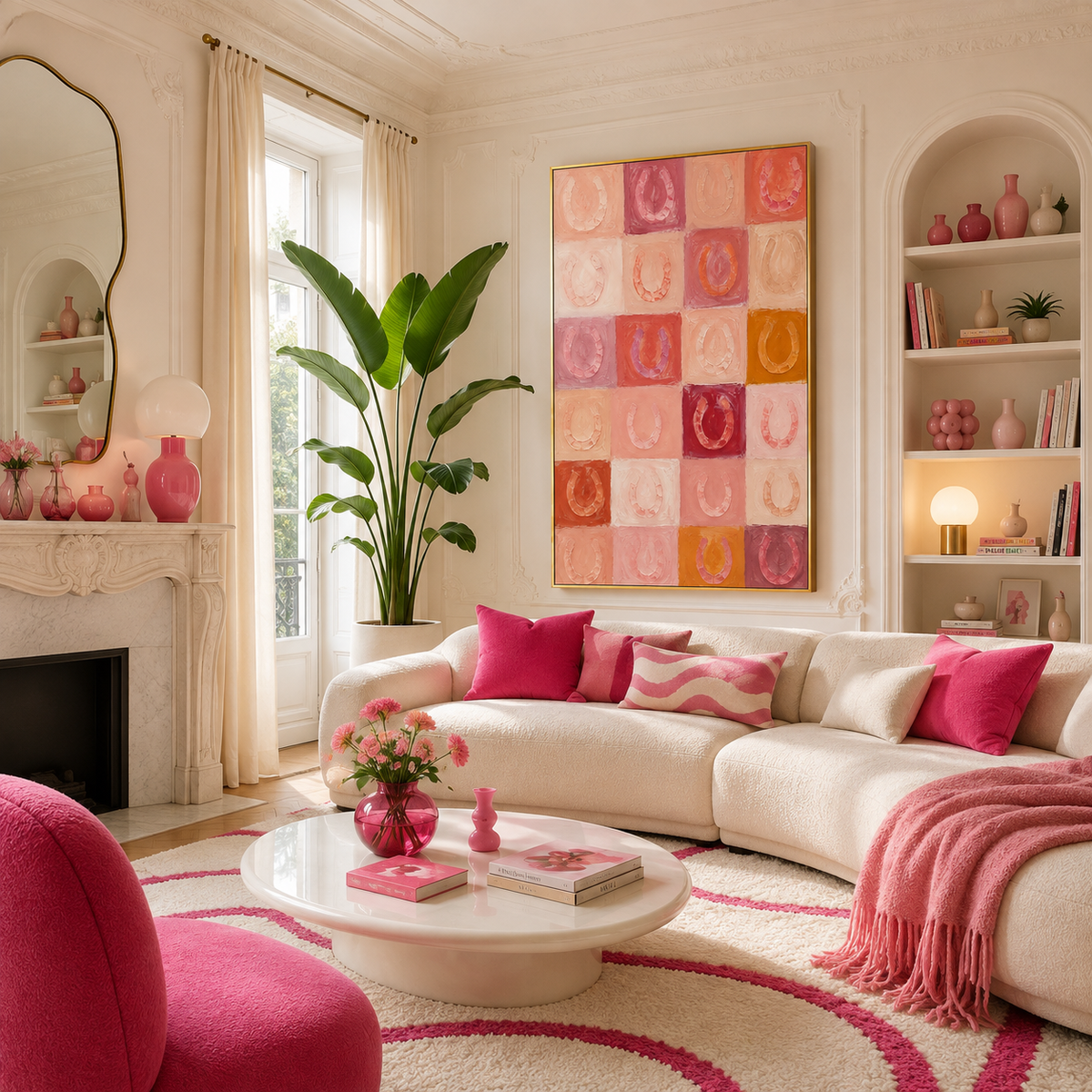 "Blush Fortune" – Modern Pink Grid Textured Horseshoe Abstract Impasto Painting