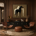 “Moonlit Companions” – Boho Folk Black and White Horse Oil Painting