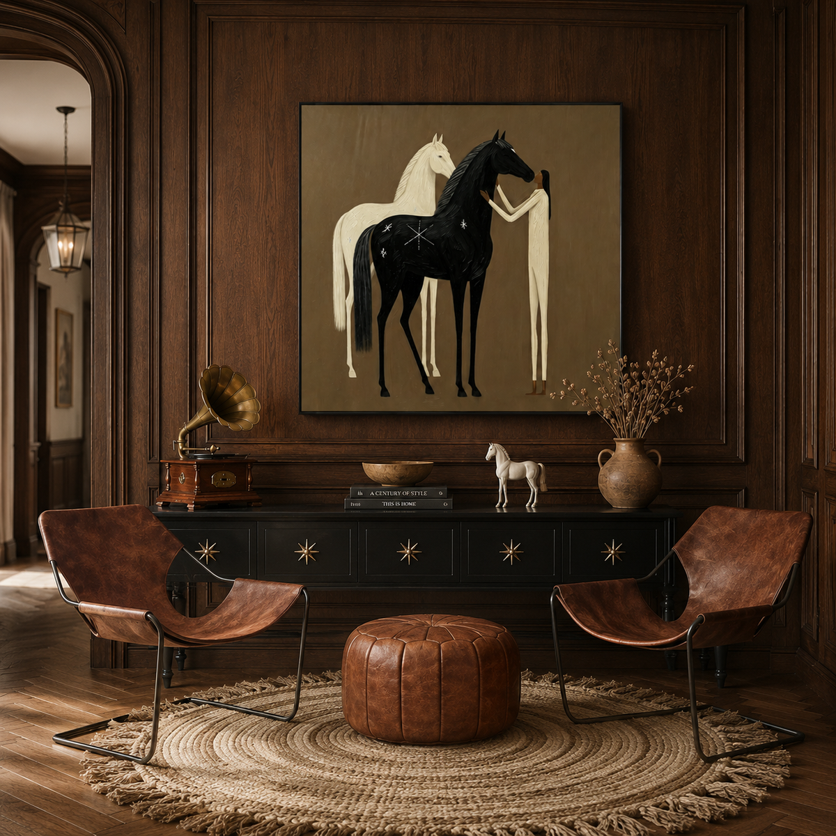 “Moonlit Companions” – Boho Folk Black and White Horse Oil Painting