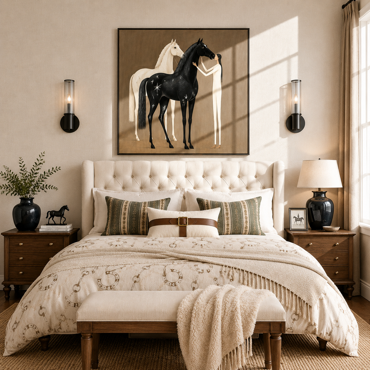 “Moonlit Companions” – Boho Folk Black and White Horse Oil Painting