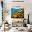 "Coastal Orange Light" – Impressionist Orange Flowers and Turquoise Seascape Oil Painting