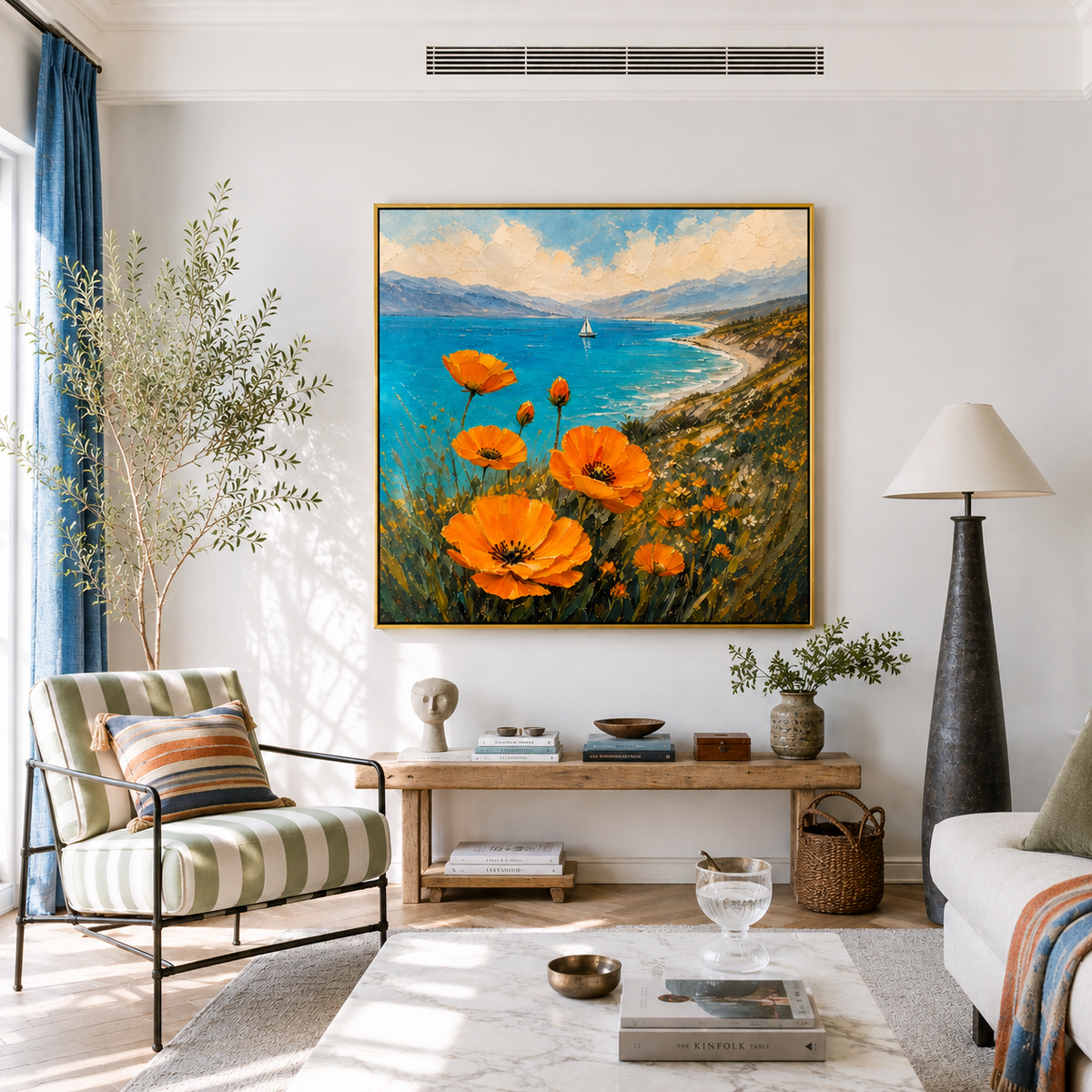 "Coastal Orange Light" – Impressionist Orange Flowers and Turquoise Seascape Oil Painting
