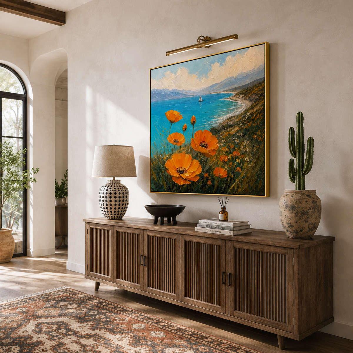 "Coastal Orange Light" – Impressionist Orange Flowers and Turquoise Seascape Oil Painting