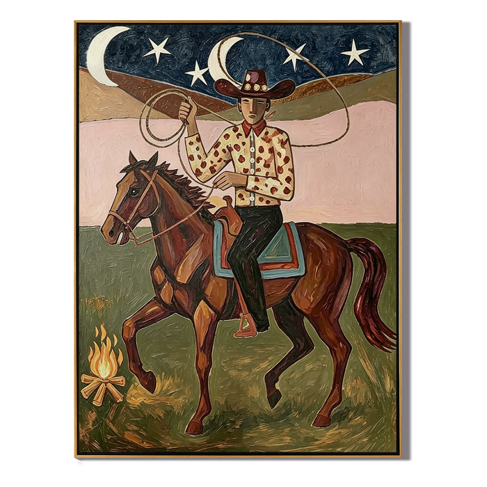 “Starlit Rodeo” – Vintage Western Cowboy Horse Oil Painting