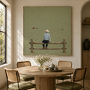 "The Quiet Hours" – Minimalist Sage Green Cowboy Impasto Painting