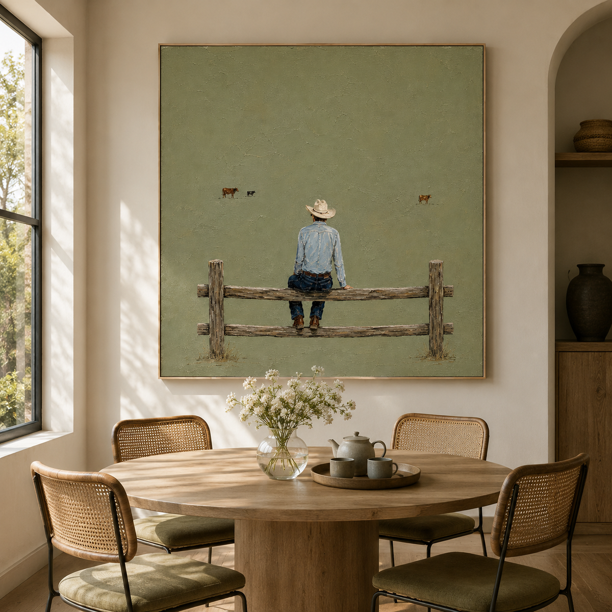 "The Quiet Hours" – Minimalist Sage Green Cowboy Impasto Painting