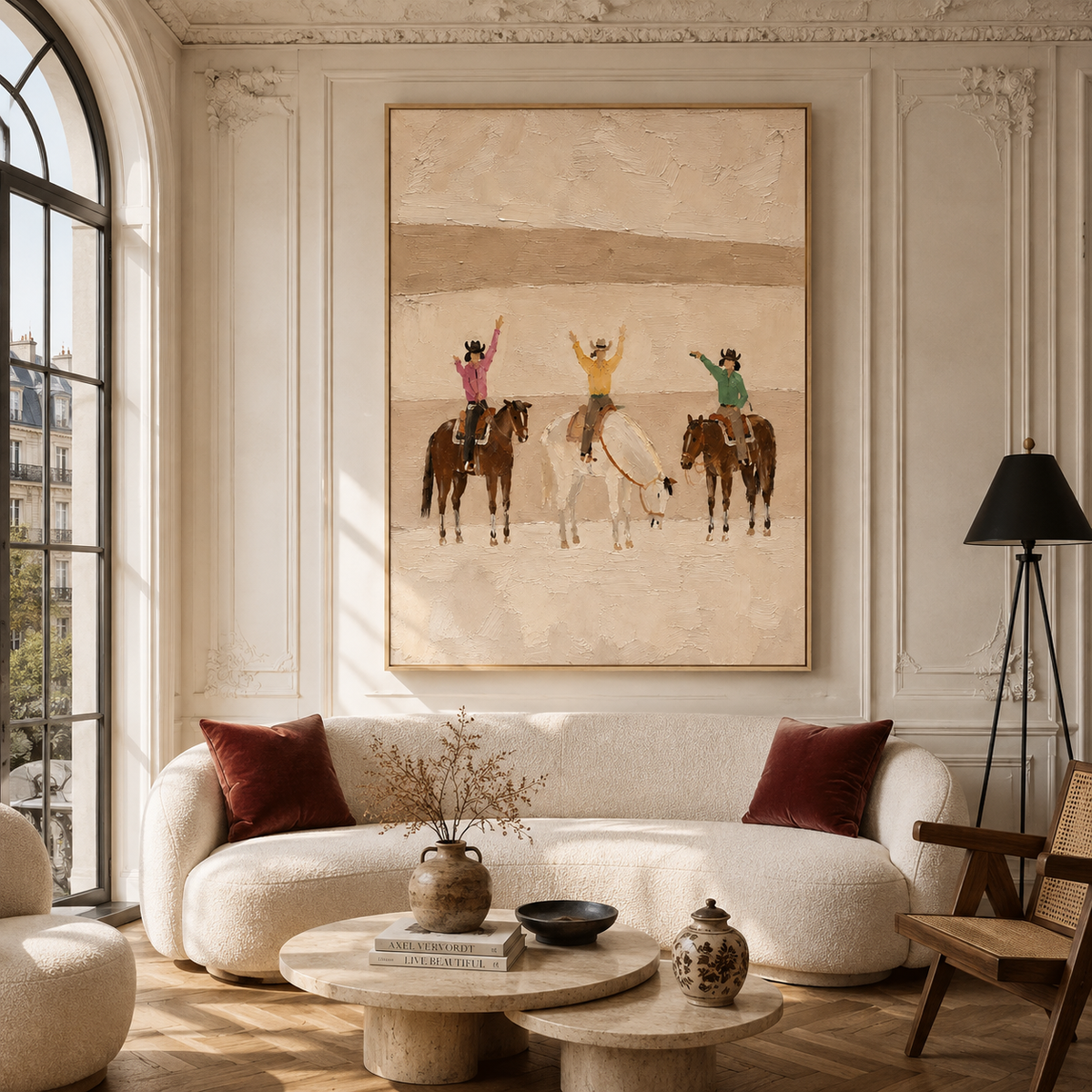 "Desert Adventure" – Modern Warm Neutral Impasto Cowgirls Trio Painting