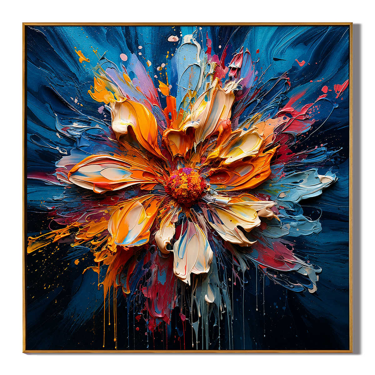 "Radiant Bloom" – Orange Blue Floral Textured Oil Painting