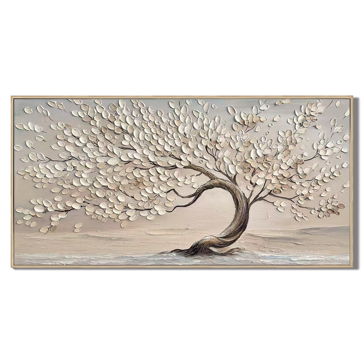 “Whispering Branches” – Wabi-Sabi Beige Tree Panoramic Hand-Painted Canvas Art