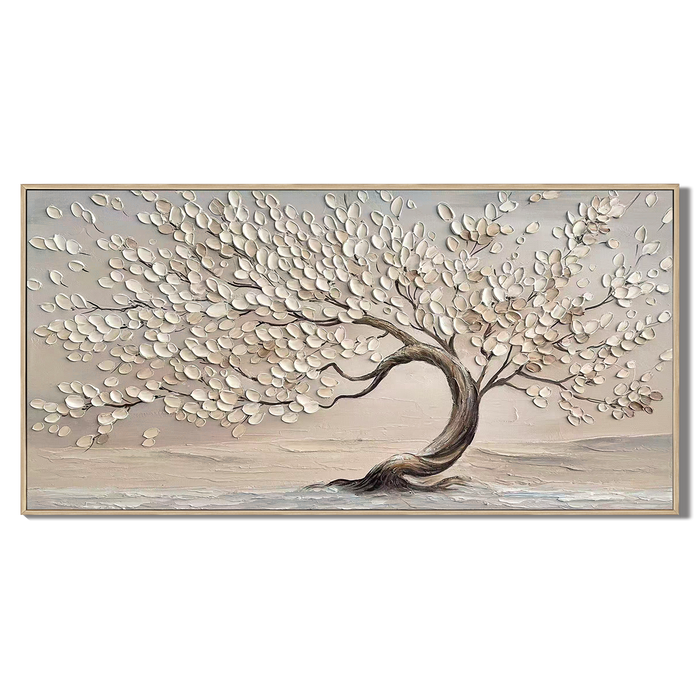 “Whispering Branches” – Wabi-Sabi Beige Tree Panoramic Hand-Painted Canvas Art