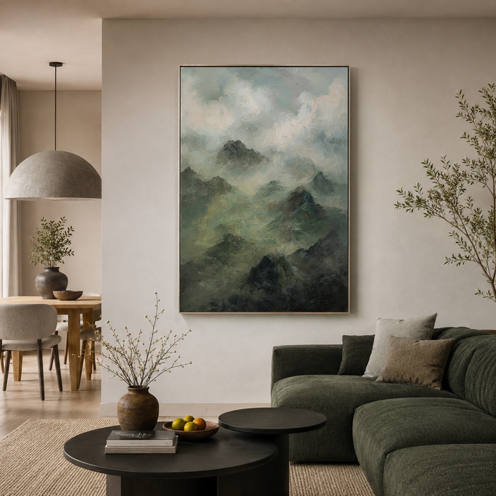 "Whispering Ridges" – Moody Impressionist Alpine Mist Textured Oil Painting