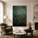 "Midnight Meadow" – Moody Dark Green Botanical Wildflower Oil Painting