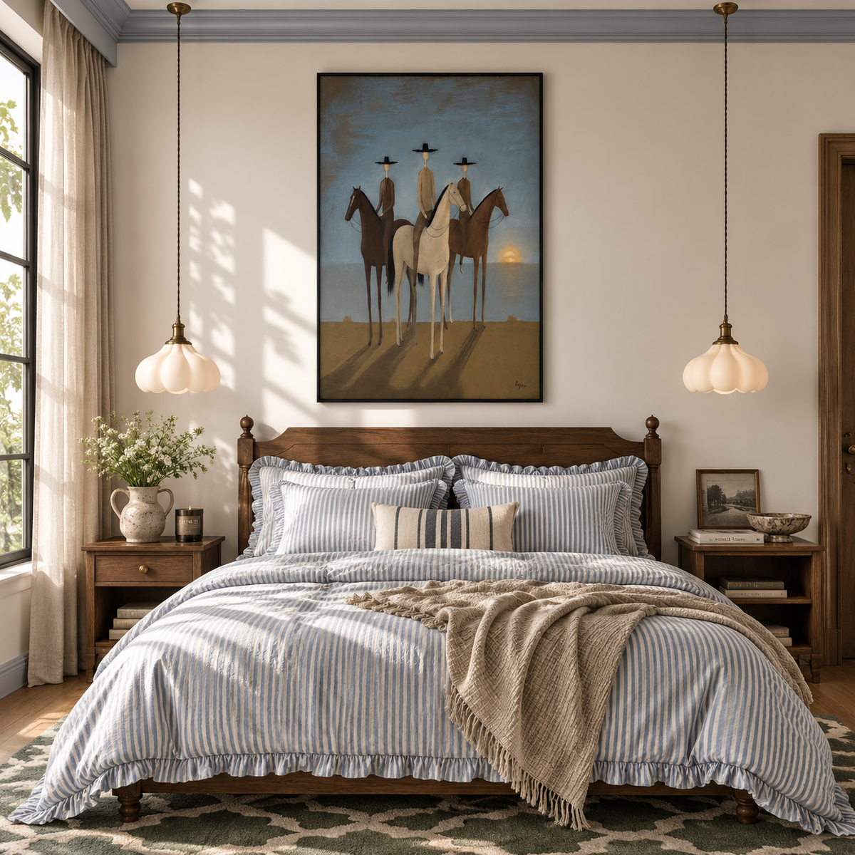 "Twilight Sentinels" – Naïve-Surrealist Three Horsemen Ocean Oil Painting