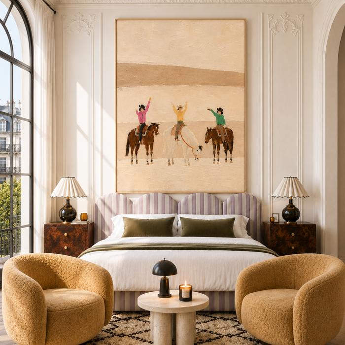 "Desert Adventure" – Modern Warm Neutral Impasto Cowgirls Trio Painting