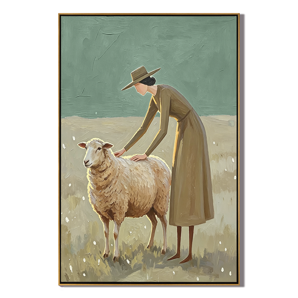 “Gentle Pasture” – Sage Green Shepherd Woman Oil Painting