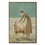 “Gentle Pasture” – Sage Green Shepherd Woman Oil Painting
