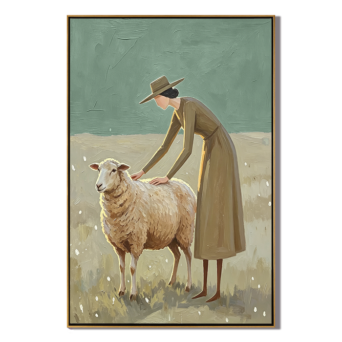 “Gentle Pasture” – Sage Green Shepherd Woman Oil Painting