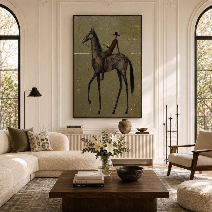 "Midnight Trot" – Minimalist Elongated Equestrian Oil Painting on Canvas