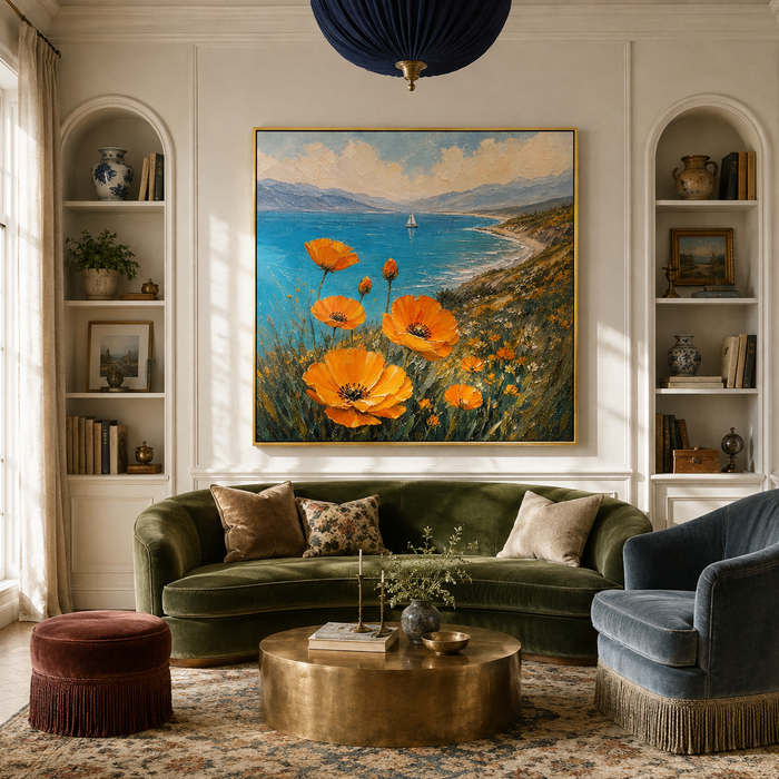 "Coastal Orange Light" – Impressionist Orange Flowers and Turquoise Seascape Oil Painting