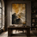 "Golden Summit Echoes" – Wabi-Sabi Warm Gold & Charcoal Abstract Mountain Oil Painting