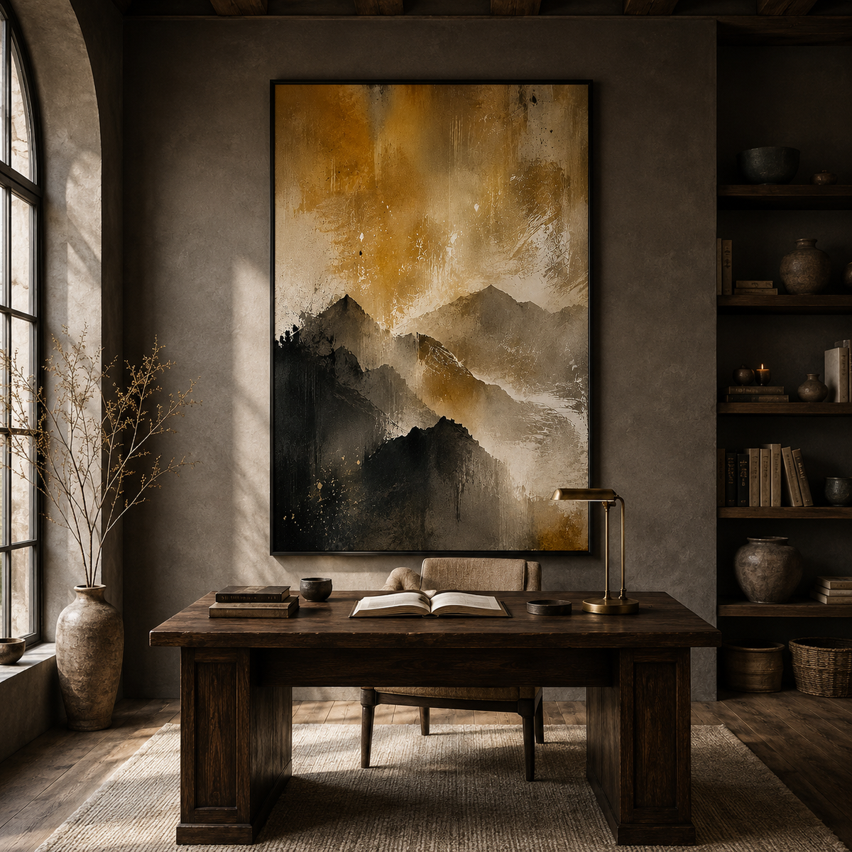 "Golden Summit Echoes" – Wabi-Sabi Warm Gold & Charcoal Abstract Mountain Oil Painting
