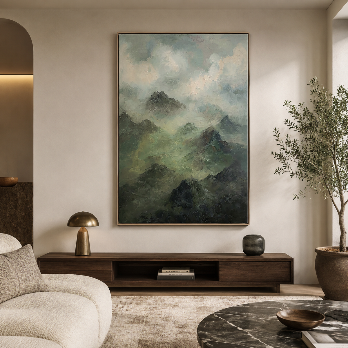 "Whispering Ridges" – Moody Impressionist Alpine Mist Textured Oil Painting