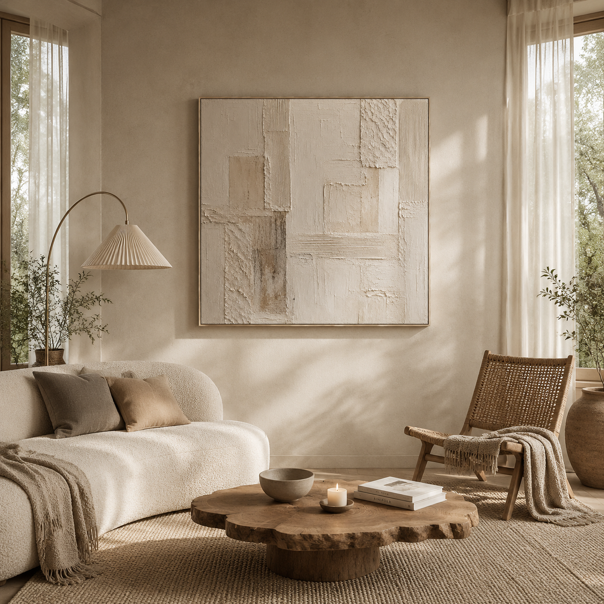 “Tranquility and Harmony” – Wabi-Sabi Beige and Off-White Textured Acrylic Painting