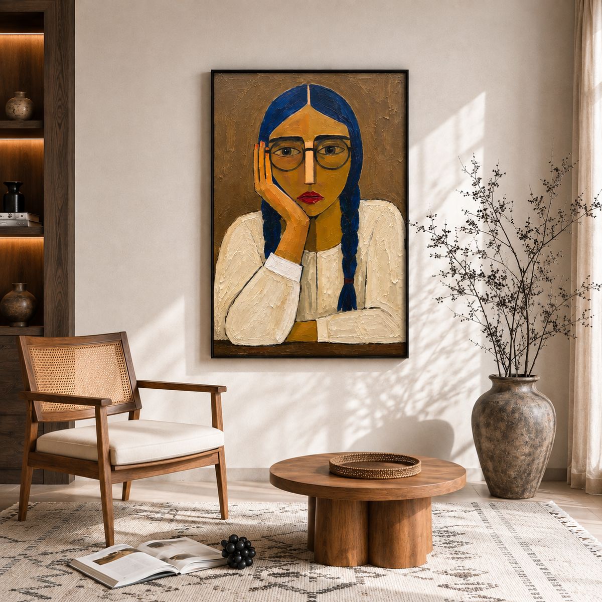 "The Quiet Thinker" – Textured Modern Blue & Earth Tone Portrait Oil Painting