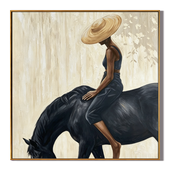 “Silent Ride” – Elegant Black Horse and Woman Oil Painting