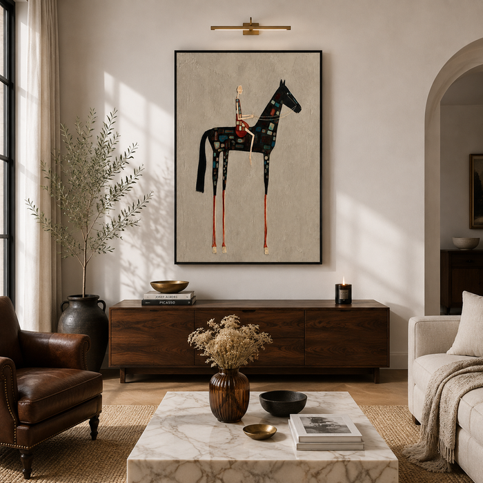 "Mosaic Stride" – Folk-Surrealist Elongated Horse Beige Impasto Oil Painting