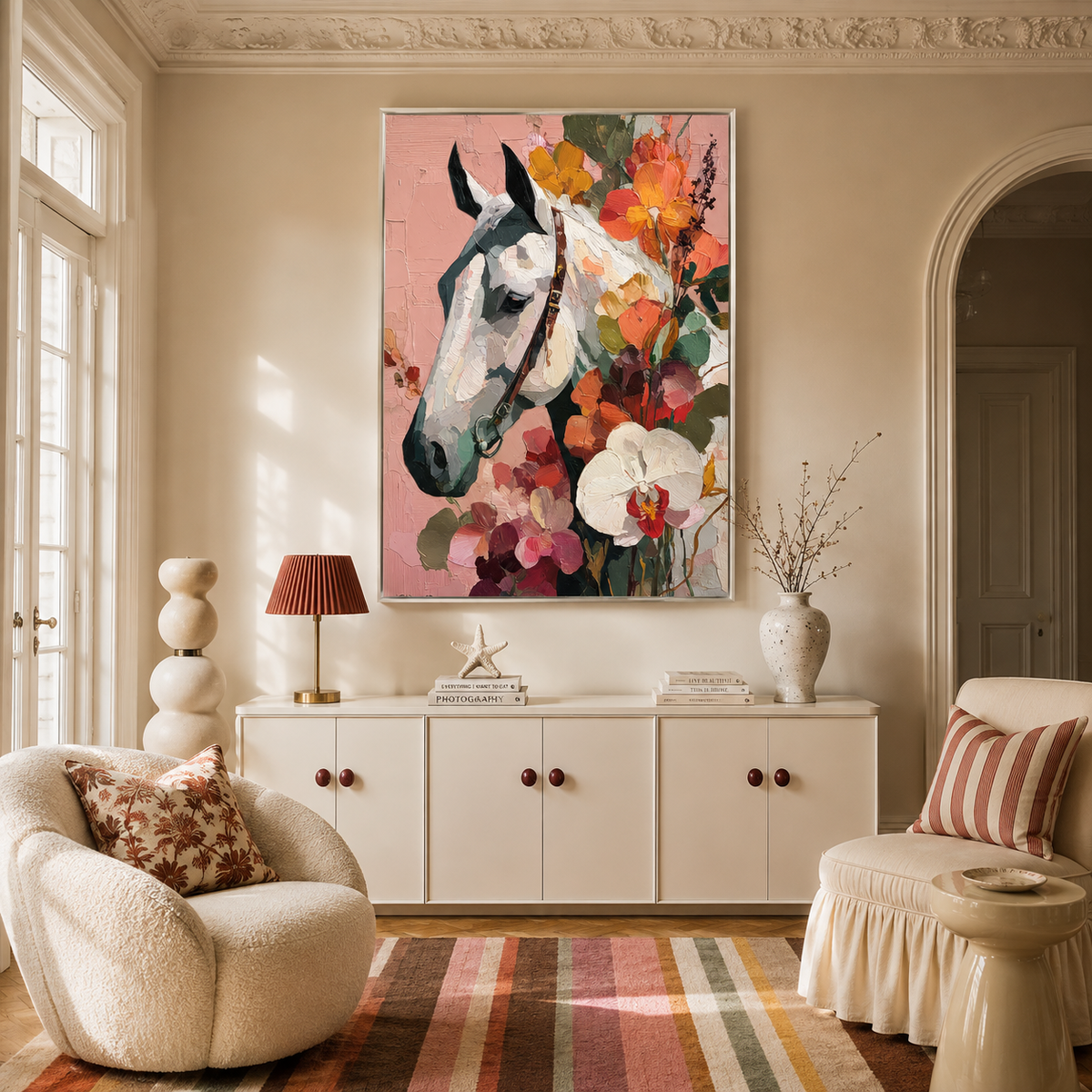 "Roseate Majesty" – Contemporary Floral Impasto White Horse Portrait