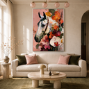 "Roseate Majesty" – Contemporary Floral Impasto White Horse Portrait
