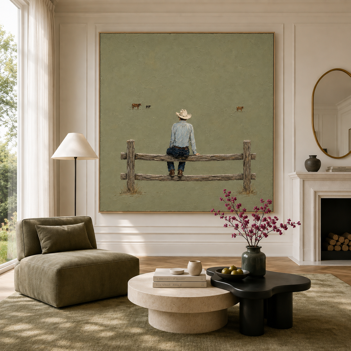 "The Quiet Hours" – Minimalist Sage Green Cowboy Impasto Painting