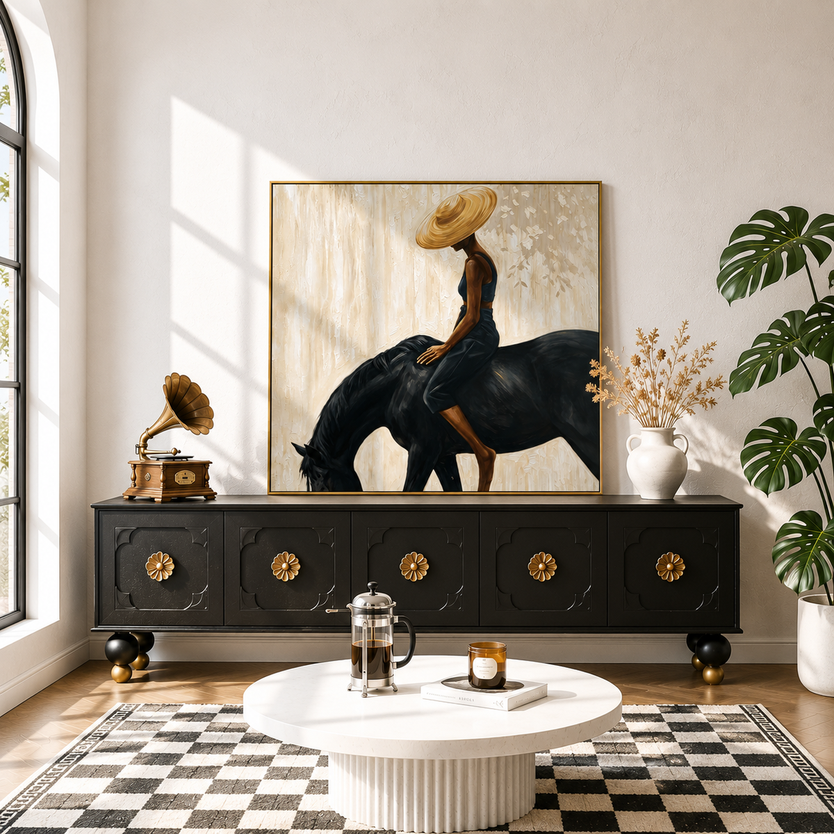 “Silent Ride” – Elegant Black Horse and Woman Oil Painting