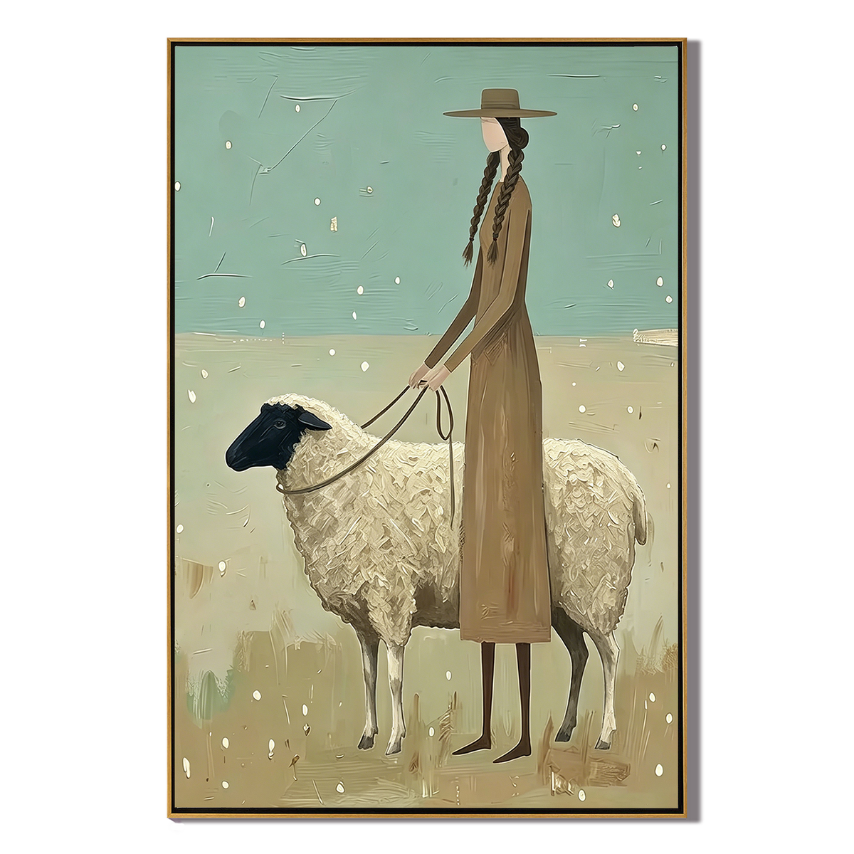 “Quiet Shepherdess” – Sage Green Pastoral Sheep Oil Painting