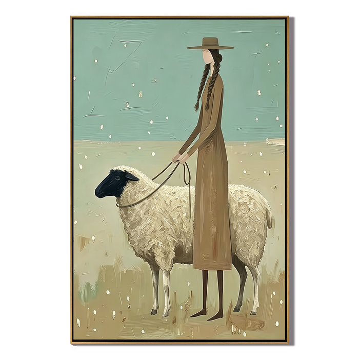 “Quiet Shepherdess” – Sage Green Pastoral Sheep Oil Painting