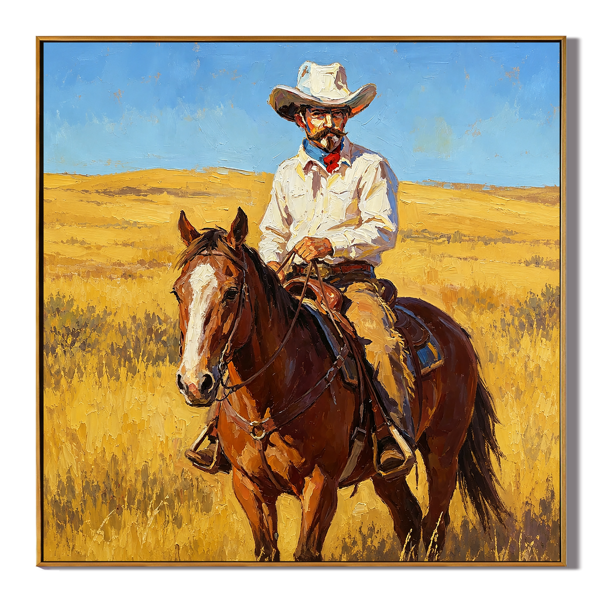 "Prairie Rider" – Western Cowboy Horse Oil Painting in Golden Grassland